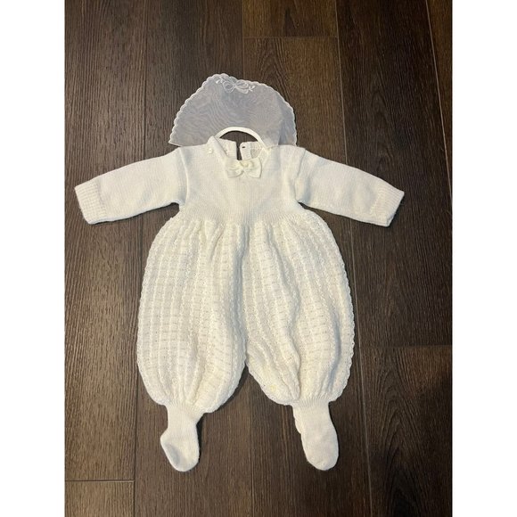 Layette Vtg White Unisex Romper Romantic Baby Sheer Collar Buttons Back/Bottom - Picture 4 of 6